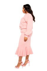 Buxom Couture Curvy Women Plus Size Scuba Hoodie and Peplum Skirt Set Peach Pink