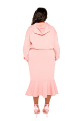 Buxom Couture Curvy Women Plus Size Scuba Hoodie and Peplum Skirt Set Peach Pink