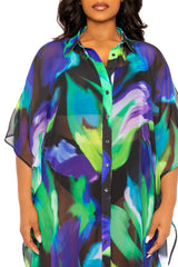 Buxom Couture Curvy Women Plus Size Print Shirtdress Coverup Blue Multi