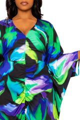 Printed Cinch Waist Kaftan Dress