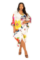 Buxom Couture Curvy Women Plus Size Printed Cinch Waist Kaftan Dress White Multi