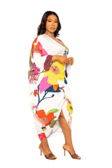 Buxom Couture Curvy Women Plus Size Printed Cinch Waist Kaftan Dress White Multi