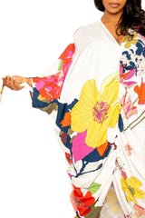 Buxom Couture Curvy Women Plus Size Printed Cinch Waist Kaftan Dress White Multi