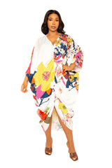 Buxom Couture Curvy Women Plus Size Printed Cinch Waist Kaftan Dress White Multi