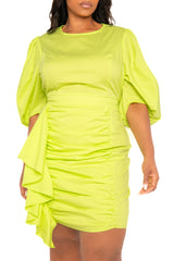 Puff Sleeve Asymmetric Ruffle Mini Dress