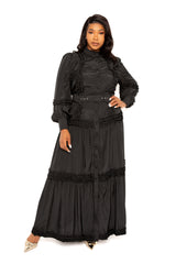 Buxom Couture Women Plus Size Belted Shirt Dress with Ruffle Detail Black