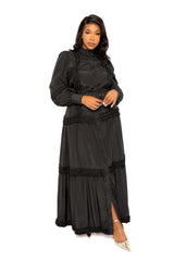 Buxom Couture Women Plus Size Belted Shirt Dress with Ruffle Detail Black