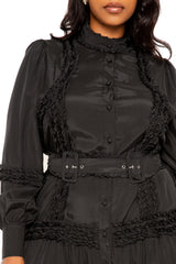 Buxom Couture Women Plus Size Belted Shirt Dress with Ruffle Detail Black