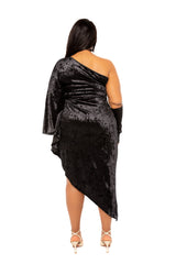Buxom Couture Curvy Women Plus Size One Shoulder Velvet Dress with Gloves Black