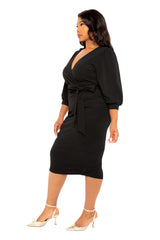 Buxom Couture Women Plus Size Wrap Midi Dress Black