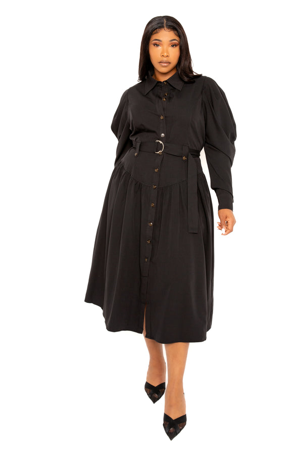 Buxom Couture Curvy Women Plus Size Puff Sleeve Trench Jacket Dress Black