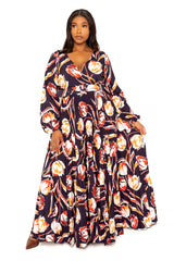 Buxom Couture Curvy Women Plus Size Floral Pleated Maxi Dress with Belt Navy