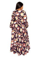 Buxom Couture Curvy Women Plus Size Floral Pleated Maxi Dress with Belt Navy