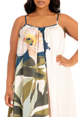 Buxom Couture Curvy Women Plus Size Floral Voluminous Maxi Dress Beige Multi