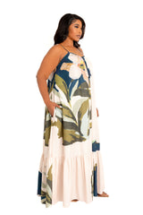 Buxom Couture Curvy Women Plus Size Floral Voluminous Maxi Dress Beige Multi
