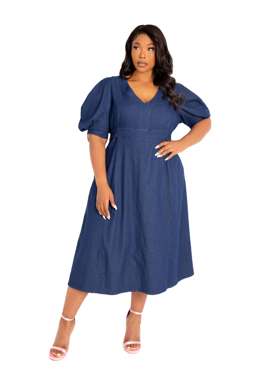 white christmas dresses Blue Denim Puff Sleeve Dress main image 1