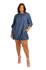 Buxom Couture Curvy Women Plus Size Bubbled Denim Mini Dress Denim Blue
