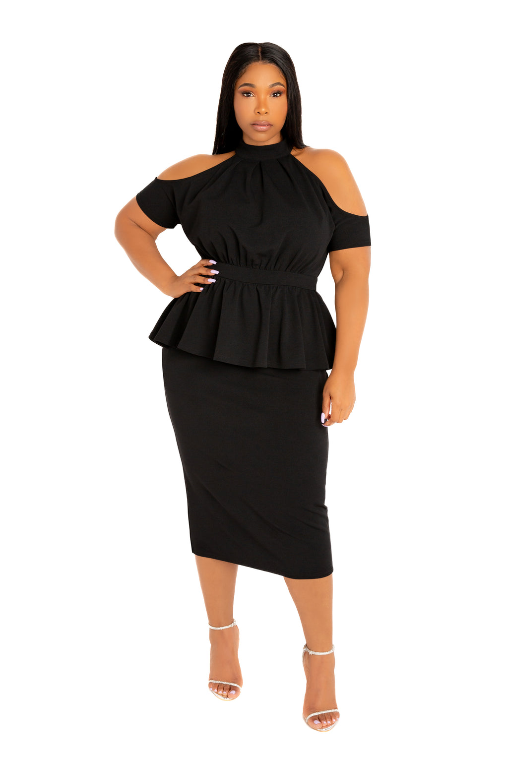 Buxom Couture Plus Size Cut-out Shoulder Peplum Midi Dress