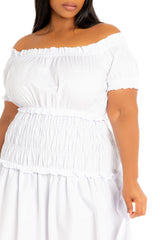 Off Shoulder Smocked Midi Dress