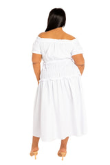 Off Shoulder Smocked Midi Dress