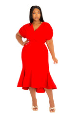 V-Neck Flounce Midi Dress