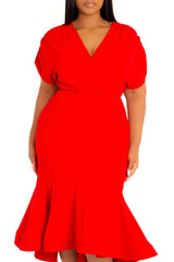 V-Neck Flounce Midi Dress