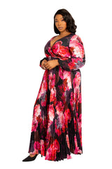 Buxom Couture Curvy Women Plus Size Floral Pleated Maxi Dress with Belt