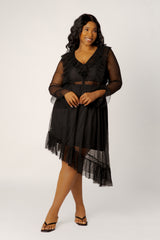 Asymmetrical Polka Dot Mesh Ruffle Dress