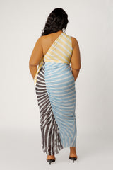 Multi Stripe One Shoulder Dress with Cutout Waist Detail