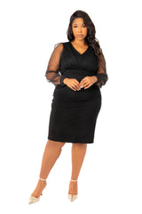 Buxom Couture Curvy Women Plus Size Tulle Sleeve Sheath Dress Black LBD