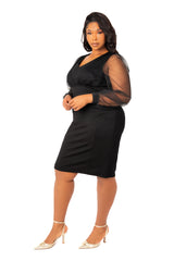 Buxom Couture Curvy Women Plus Size Tulle Sleeve Sheath Dress Black LBD