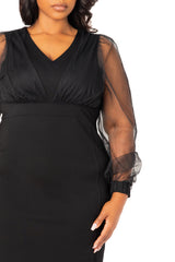 Buxom Couture Curvy Women Plus Size Tulle Sleeve Sheath Dress Black LBD