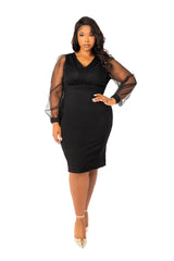 Buxom Couture Curvy Women Plus Size Tulle Sleeve Sheath Dress Black LBD