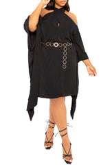 Cross Halter Neck Tunic Dress with Metal Belt