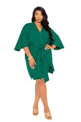 Buxom Couture Curvy Women Plus Size Linen Tie Waist Mini Dress Green