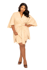 Buxom Couture Curvy Women Plus Size Linen Tie Waist Mini Dress Beige
