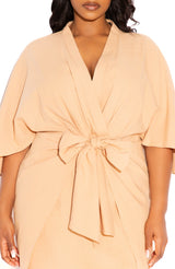 Buxom Couture Curvy Women Plus Size Linen Tie Waist Mini Dress Beige