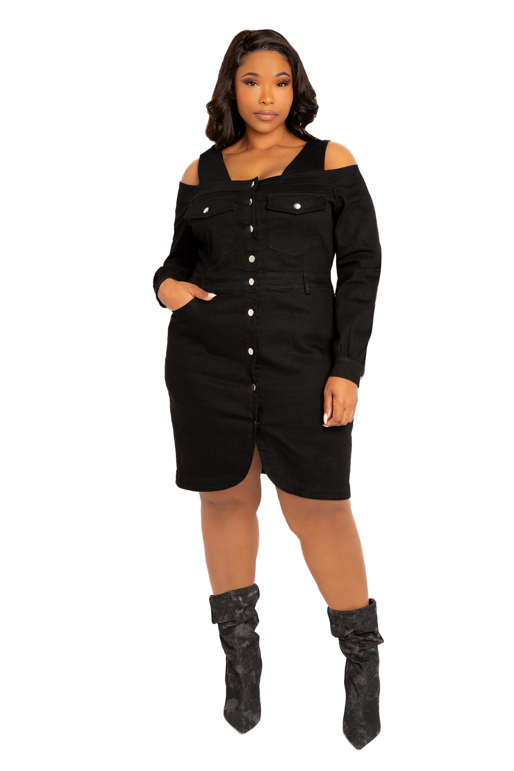 Buxom Couture Plus Size Off Shoulder Denim Mini Dress