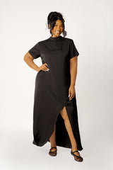 High Neck Draped Maxi Dress with Slit