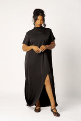 High Neck Draped Maxi Dress with Slit