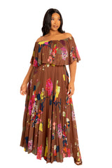 Floral Off Shoulder Pleated Maxi Dress