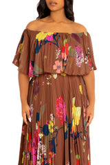 Floral Off Shoulder Pleated Maxi Dress