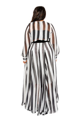 Buxom Couture Curvy Women Plus Size Stripe Surplice Maxi Dress Black and White