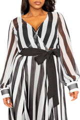Buxom Couture Curvy Women Plus Size Stripe Surplice Maxi Dress Black and White
