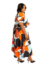 Geometric Print Puff Sleeve Shirtdress with Tie Waist Detail
