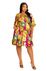 Print Smocked Puff Sleeve Bubbled Dress