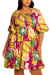Print Smocked Puff Sleeve Bubbled Dress