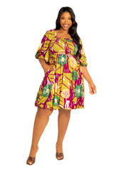 Print Smocked Puff Sleeve Bubbled Dress