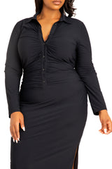 Tech Knit Bodycon Ruched Shirt Dress