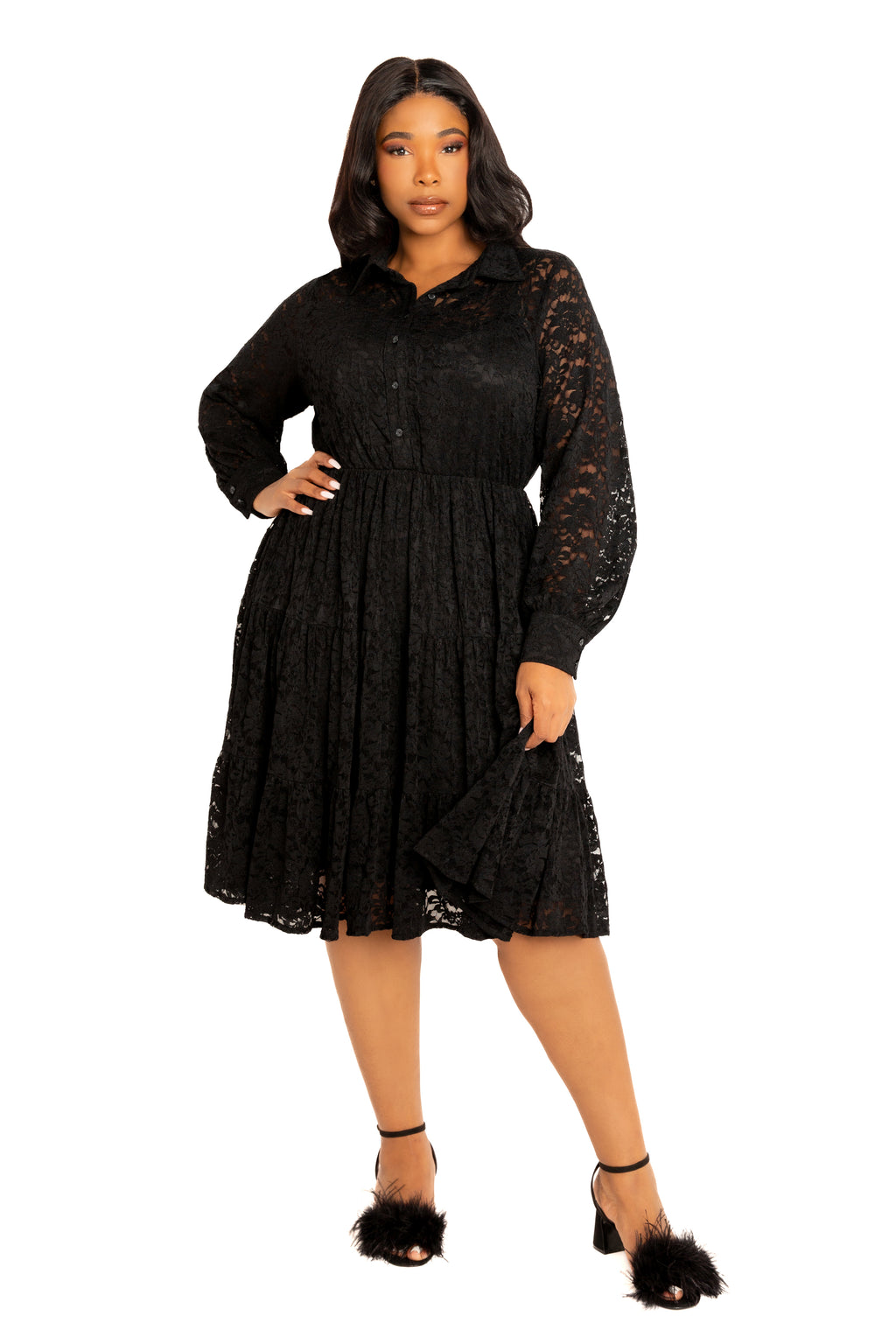 Buxom Couture Women's Plus Size Lace Long Sleeve Tiered Shirt Dress - Black